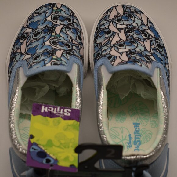 Disney Lilo & Stitch Girls Sneakers Size 2, Blue W/Sparkly Silver, Slip On - Picture 4 of 10